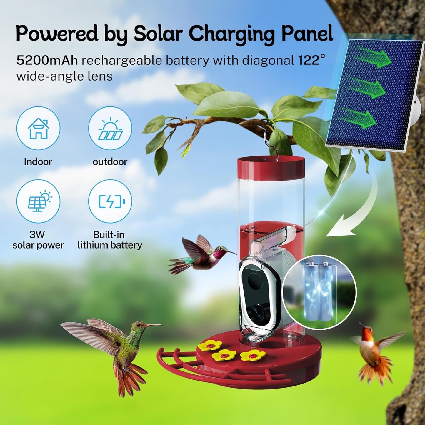 Hummingbird Feeder Camera Solar WiFi Smart AI Motion Detection 20oz