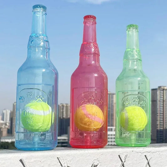 Interactive Dog Chew Toy | Squeaky Silicone Beer Bottle with Tennis Ball