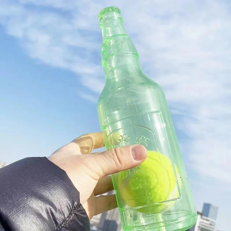 Interactive Dog Chew Toy | Squeaky Silicone Beer Bottle with Tennis Ball