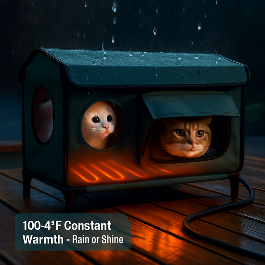 Waterproof Heated Cat House Outdoor Weatherproof Insulated Kitty Shelter Feral Cat Heating Bed with Heating Pad Anti-Chew Cord 2 Doors 3 Windows for I