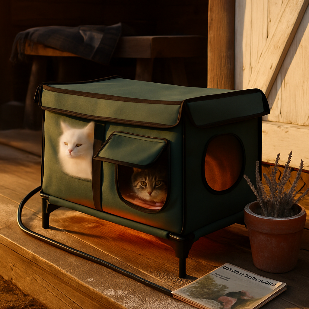 Waterproof Heated Cat House Outdoor Weatherproof Insulated Kitty Shelter Feral Cat Heating Bed with Heating Pad Anti-Chew Cord 2 Doors 3 Windows for I