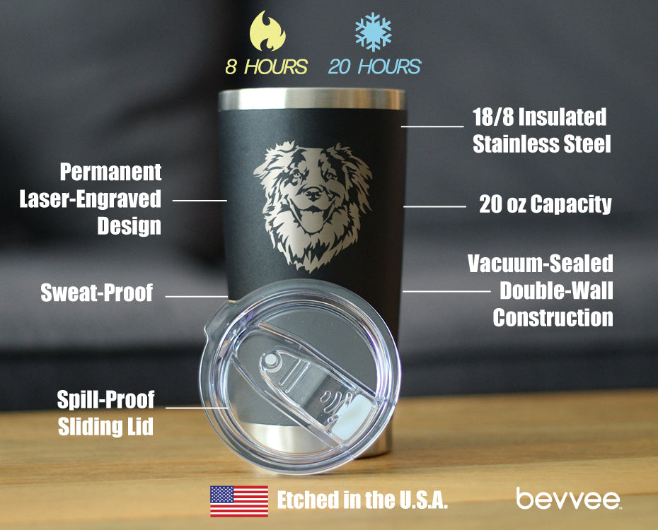 Australian Shepherd Face - Insulated Coffee Tumbler Cup with Sliding Lid - Stainless Steel Travel Mug - Unique Dog Gifts for Aussie Lovers