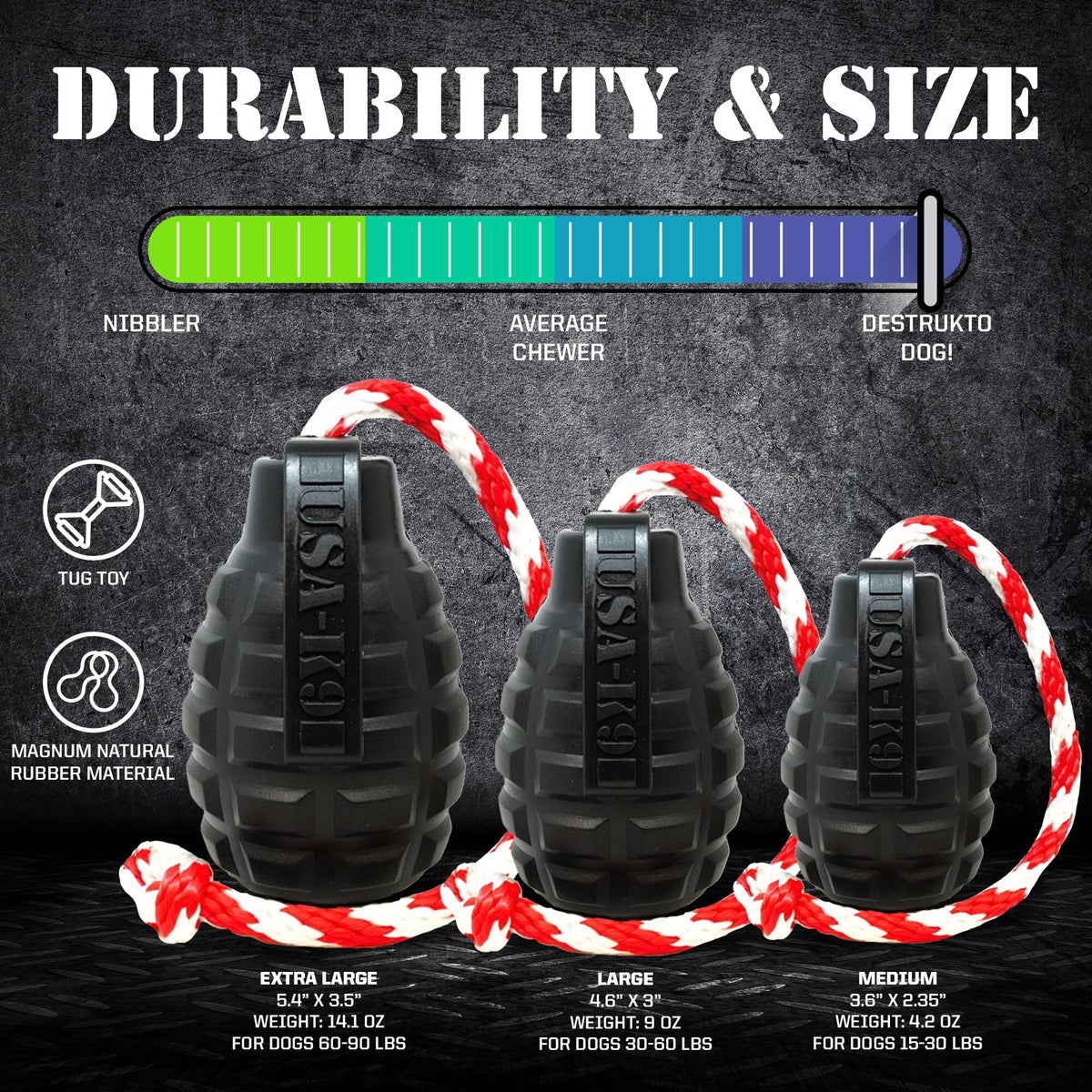 USA-K9 Magnum Grenade - Black Magnum Rubber Chew Toy for Extreme Chewers | USA Made