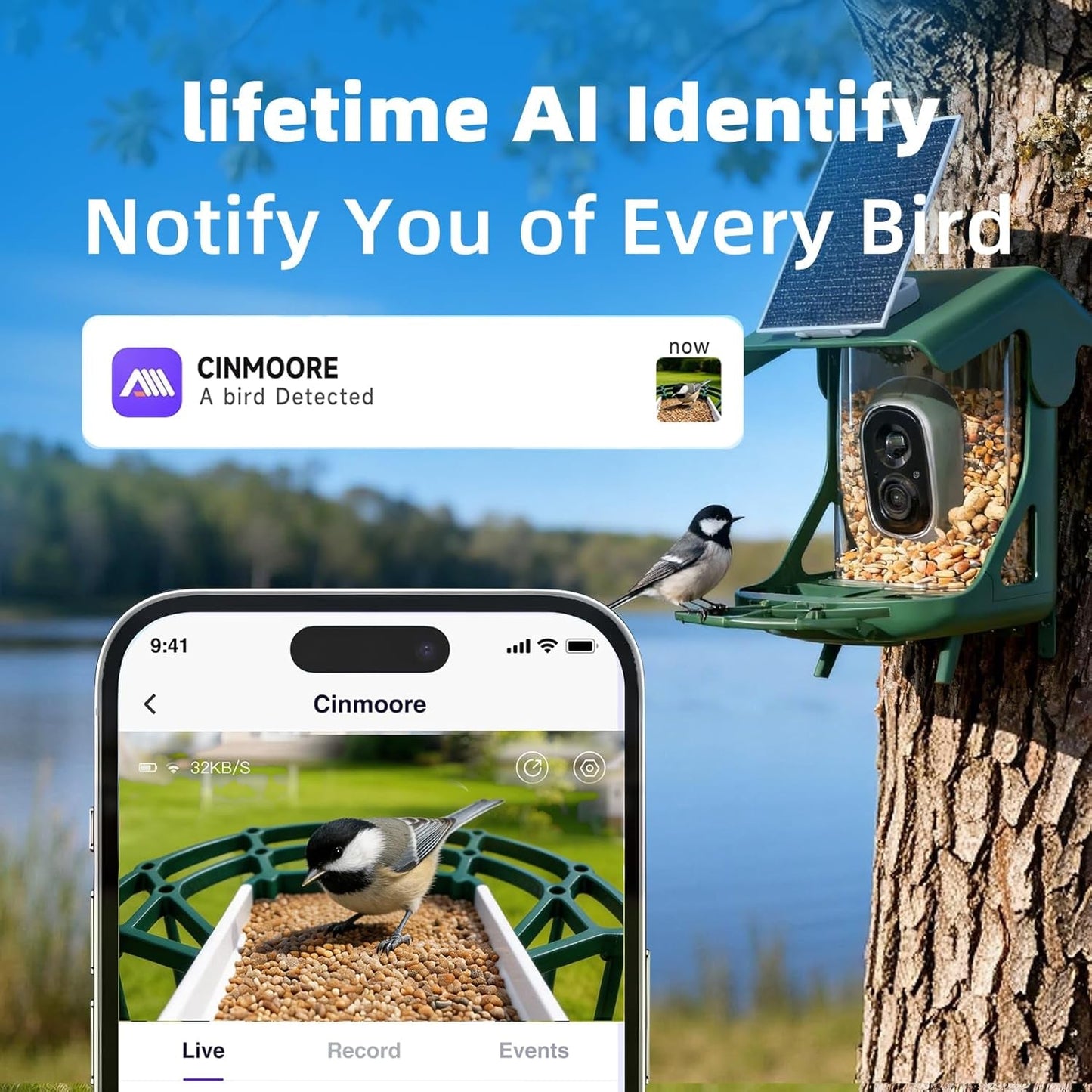 Bird Feeder Camera Solar WiFi 4MP 2.5K AI Motion Detection No Fee