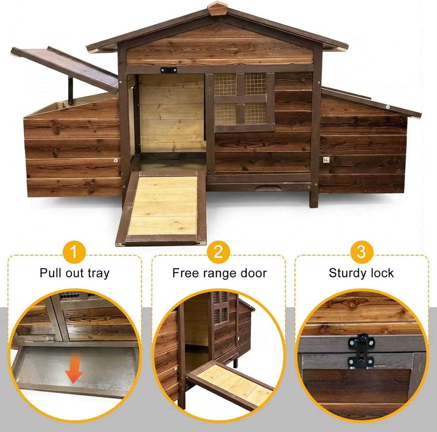 Chicken Coop with 2 Nesting Boxes, Large Outdoor Wooden Chicken Hen House Cages for 2 Chickens, Easy Clean Poultry Hutch for Bac