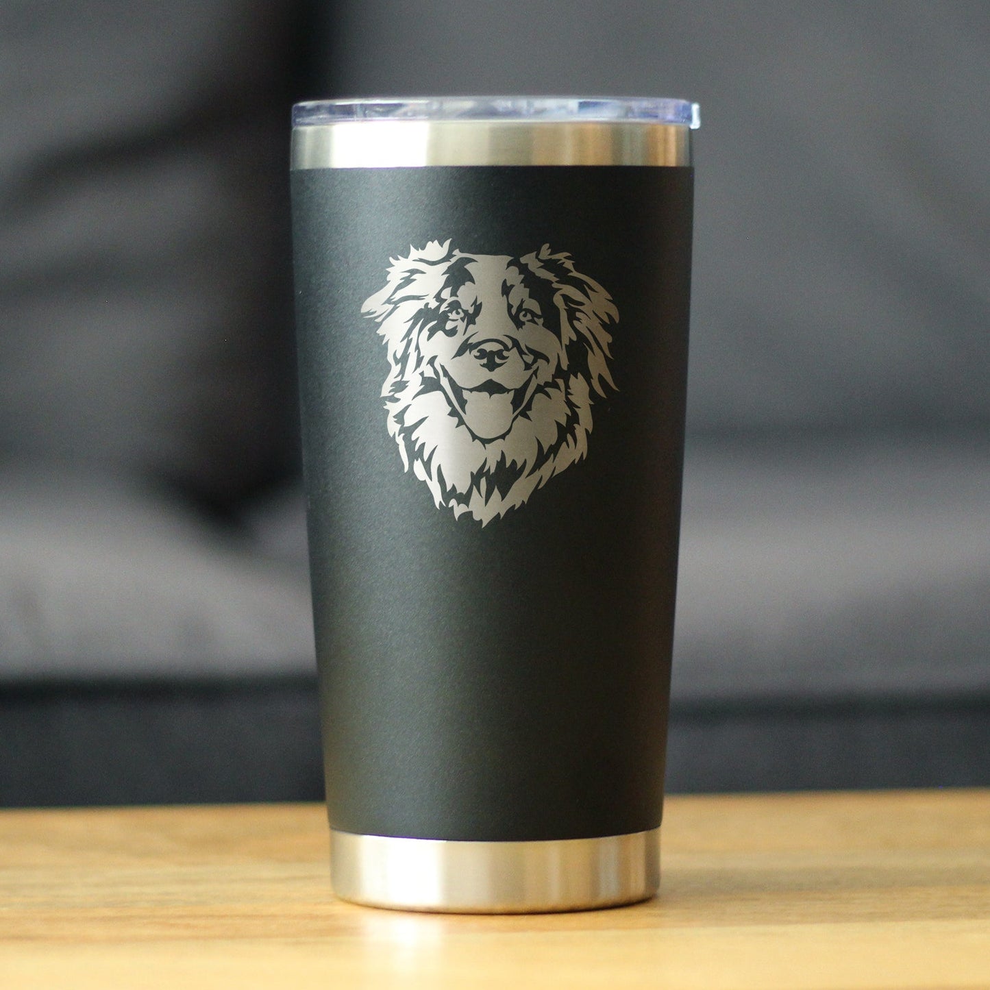 Australian Shepherd Face - Insulated Coffee Tumbler Cup with Sliding Lid - Stainless Steel Travel Mug - Unique Dog Gifts for Aussie Lovers