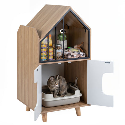 Cat Litter Box Enclosure with Shelf and Double Doors