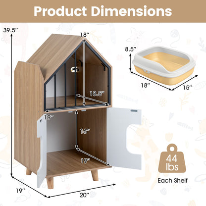Cat Litter Box Enclosure with Shelf and Double Doors