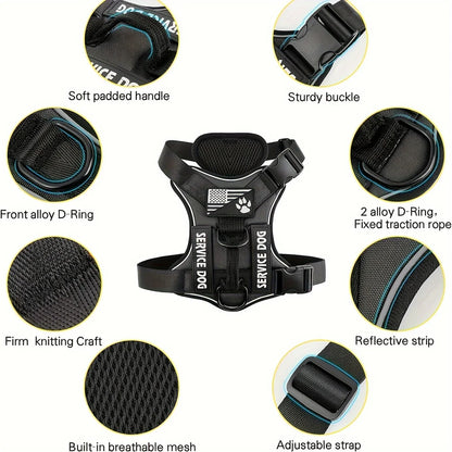 Anti-Pull Tactical Dog Harness with Night Reflective Strips, Heavy-Duty Nylon Military-Grade Vest-Style Leash for Large Dog