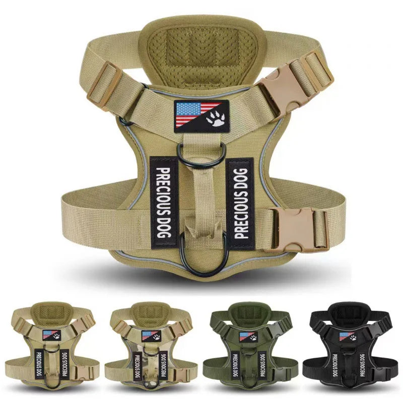 Anti-Pull Tactical Dog Harness with Night Reflective Strips, Heavy-Duty Nylon Military-Grade Vest-Style Leash for Large Dog