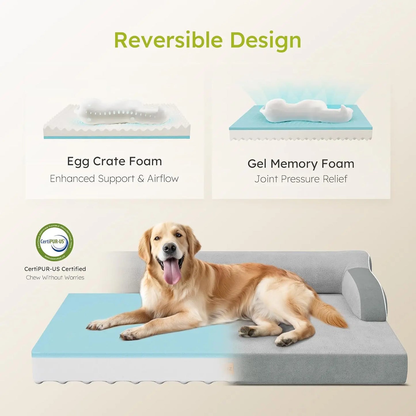 Extra Large Orthopedic Dog Bed with Cooling Memory Foam, Washable Waterproof Cover and Nonslip Bottom, Light Grey