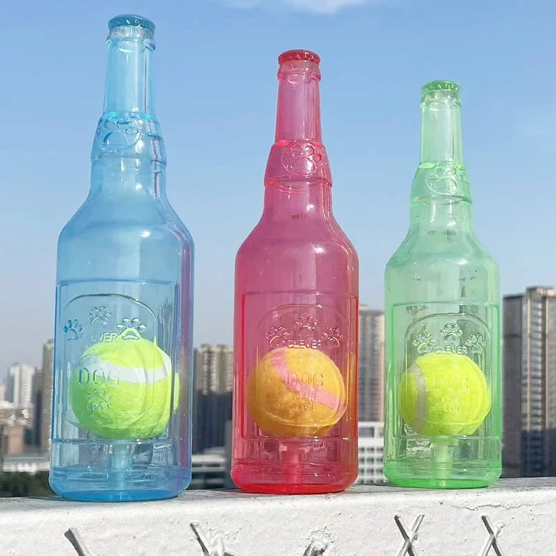 Interactive Dog Chew Toy | Squeaky Silicone Beer Bottle with Tennis Ball