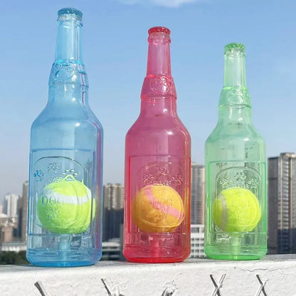 Interactive Dog Chew Toy | Squeaky Silicone Beer Bottle with Tennis Ball