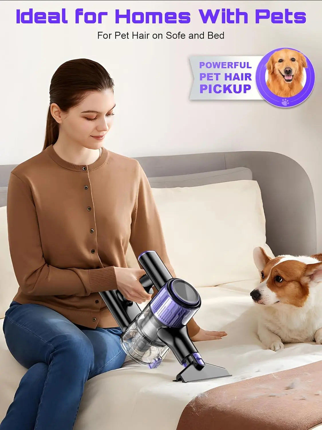 Cordless Handheld Vacuum Cleaner,55KPA,Touch Screen,Smart Dust Sensor,Auto Speed Control for Home Bed/Carpet/Pet Hair/Hard Floor