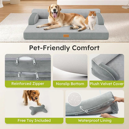 Extra Large Orthopedic Dog Bed with Cooling Memory Foam, Washable Waterproof Cover and Nonslip Bottom, Light Grey