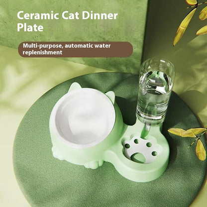 Double Bowl Ceramic Pet Automatic Dog Water Bowl Stainless Steel Cat Bowl