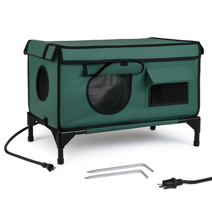 Waterproof Heated Cat House Outdoor Weatherproof Insulated Kitty Shelter Feral Cat Heating Bed with Heating Pad Anti-Chew Cord 2 Doors 3 Windows for I