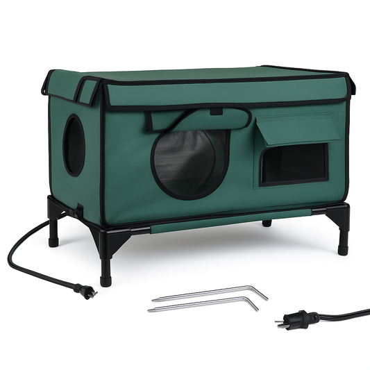 Waterproof Heated Cat House Outdoor Weatherproof Insulated Kitty Shelter Feral Cat Heating Bed with Heating Pad Anti-Chew Cord 2 Doors 3 Windows for I