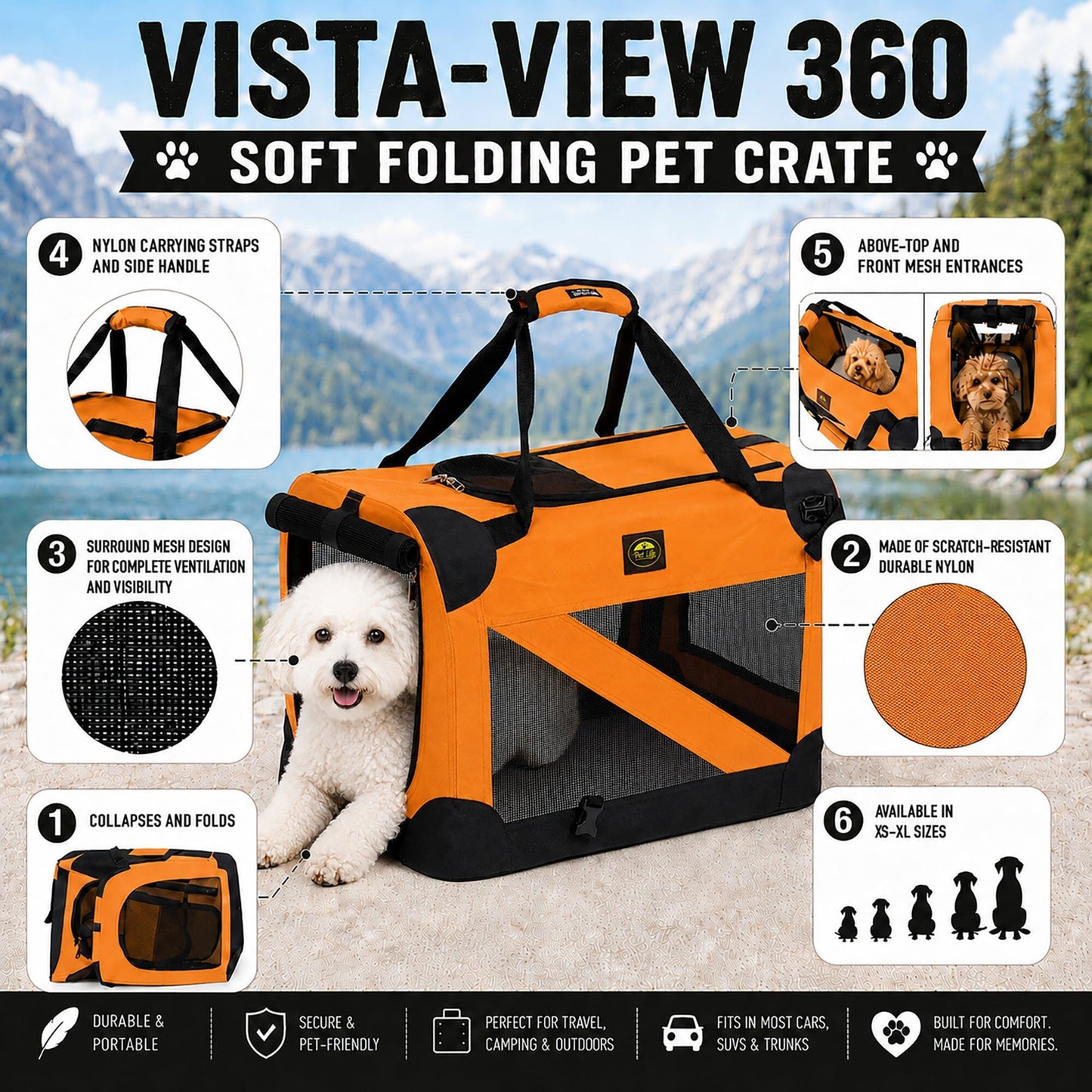 Pet Life ® '360° Vista View' Zippered Soft Folding Collapsible Durable Metal Framed Pet Dog Crate House Carrier