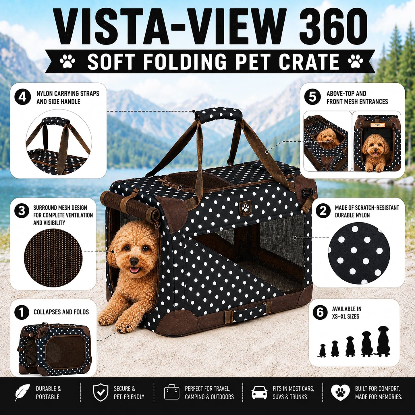 Pet Life ® '360° Vista View' Zippered Soft Folding Collapsible Durable Metal Framed Pet Dog Crate House Carrier