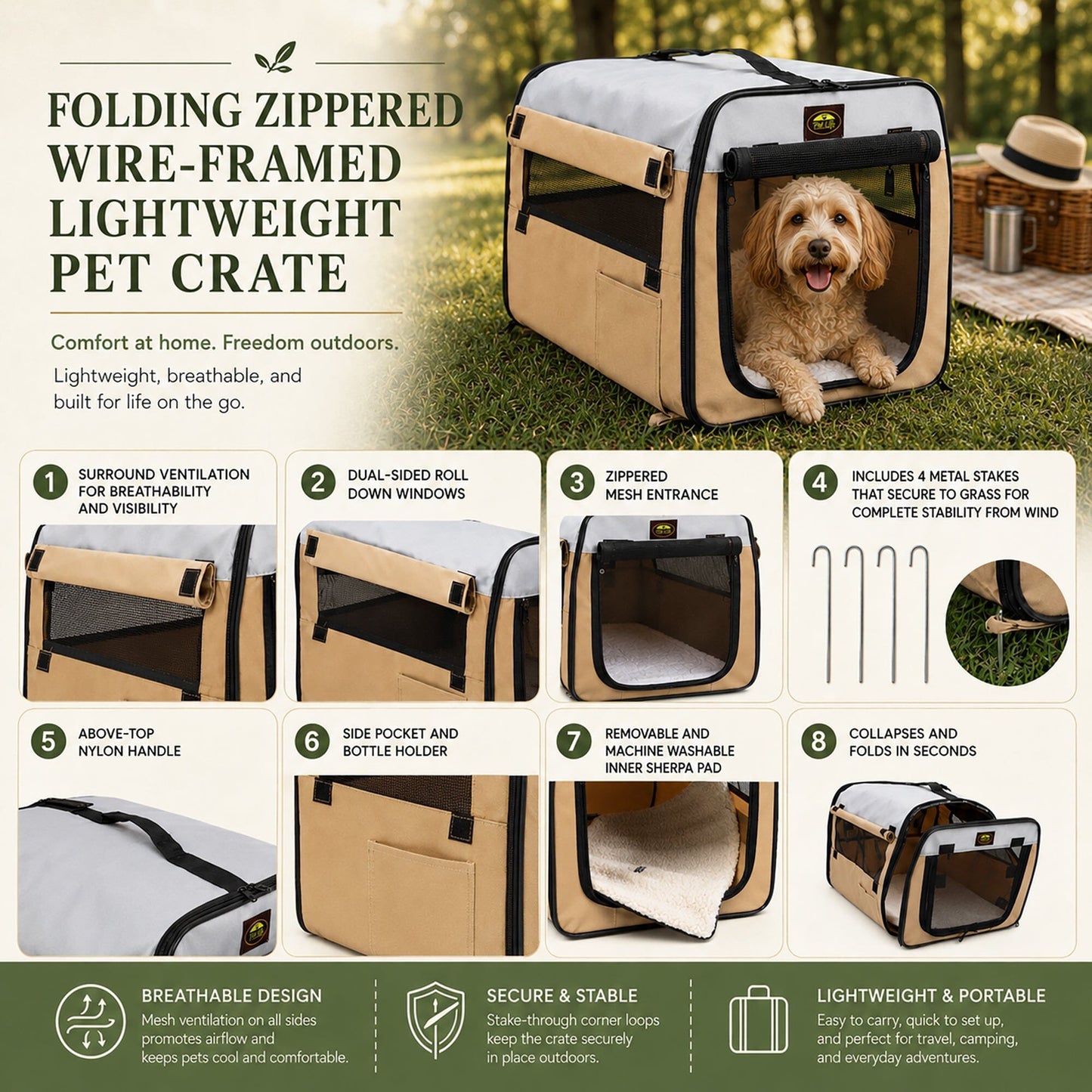 Pet Life ® 'Easy Folding' Zippered Folding Collapsible Wire Framed Lightweight Pet Dog Crate Carrier